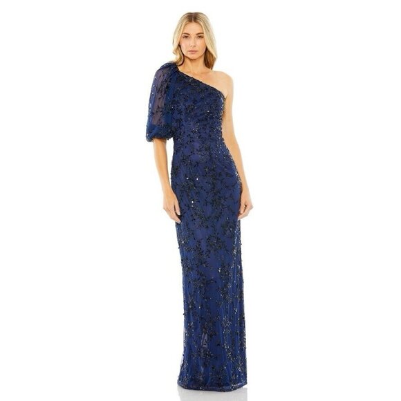Mac Duggal Size 14 Navy 5912 Beaded One Shoulder Puff Sleeve Formal Gown Dress - Picture 1 of 10